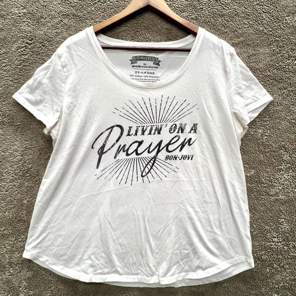 Bon Jovi 2XL Women's livin on a prayer by goodie two sleeves TSHIRT BLK/WHITE